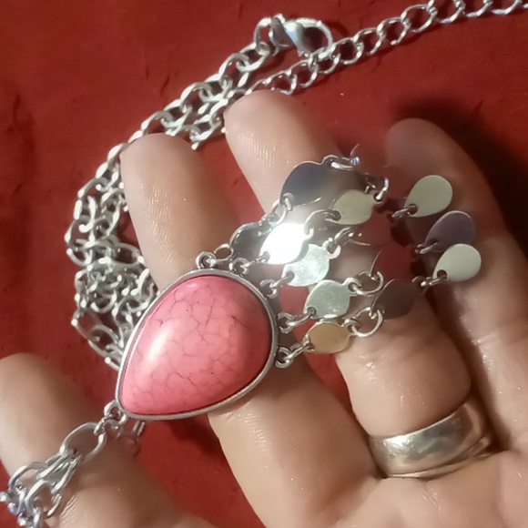 Circle links chain necklace with drop pendant tassel pink color stone Sz. 16+2 - Picture 4 of 4